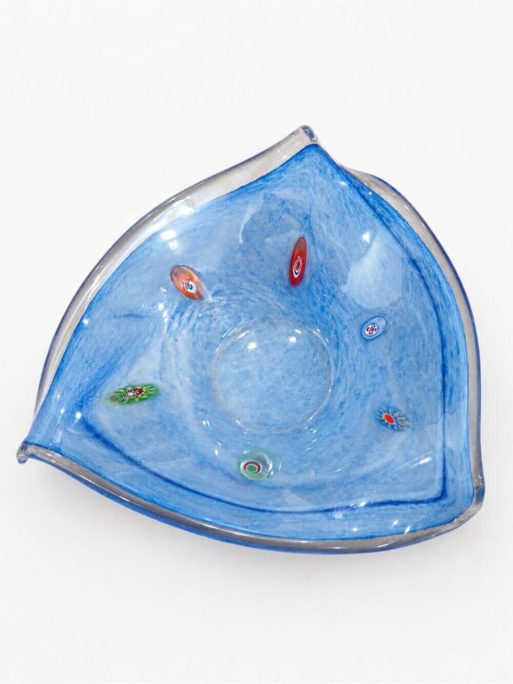 Vintage Blue Millefiori Art Glass Bowl Murano Style Hand Blown Murrine MCM Retro